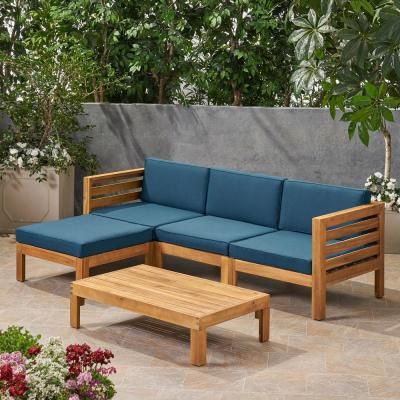 Cambridge Teak Brown 5-Piece Acacia Wood Patio Conversation Sectional Seating Set with Dark Teal Cushions Conversation Sectional, Sectional Coffee Table, Teal Cushions, Table Making, Wooden Sofa Designs, Wooden Sofa Set, Wood Patio, Wooden Sofa, Wood Sofa