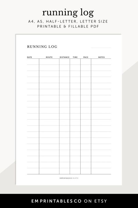 Start tracking your progress with this printable running log. This log includes everything you need to track your runs, including your date, route, distance, time, pace, and notes. You can use this log to see how you're improving over time, and to set goals for yourself. This log is perfect for runners of all levels, from beginners to experienced athletes. Workout Log Printable, Running Tracker, Aesthetic Planners, Running Journal, Planners For Men, Weekly Fitness Planner, Running Training Plan, Fitness Planner Free, Aesthetic Planner