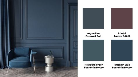 The Best Paint Colors for Dark Rooms Tips For Painting A Room A Dark Color, Popular Dark Blue Paint Colors, Charcoal Blue Paint Color, Theater Room Paint Colors, Dark Blue Painted Walls, Colors For Dark Rooms, Paint Colors For Dark Rooms, Colors For Rooms, Midnight Blue Paint