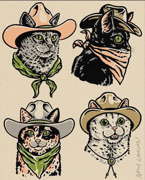 Cat Cowboy Illustration, Western Cowboy Illustration, Cowboy Cat Art, Cat With Cowboy Hat Tattoo, Cowboy Cat Drawing, Animal Traditional Tattoo, Cowboy Cat Tattoo, Cool Cat Tattoos, Cat In Cowboy Hat