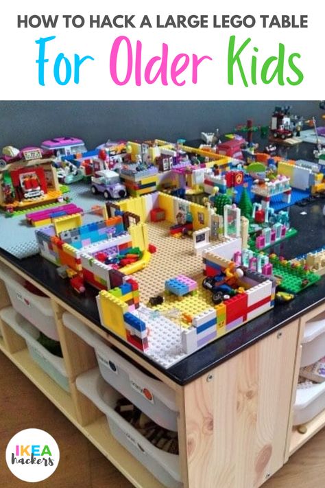 Lego Display And Play Ideas, Lego Room Ideas Play Areas, Lego Organizer Playroom, Lego Area Ideas, Ikea Lego Desk Hack, Lego Table And Storage Ideas, Diy Play Table With Storage, Lego And Craft Table, Diy Large Lego Table