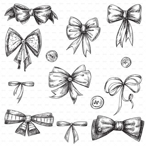 Set of Bows, Hand Drawn Lace Bow Tattoos, Tie Drawing, Bow Drawing, Banner Drawing, Ribbon Tattoos, Bow Tattoo, Lace Tattoo, Ribbon Art, White Tattoo