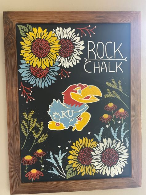 Jayhawk and sunflower chalkboard art for spring Sunflower Chalk Art, Sunflower Chalkboard Art, Flowers Chalkboard, Chalk Mural, Art For Spring, Shop Board, Chalkboard Doodles, Chalkboard Calendar, Chalk Wall