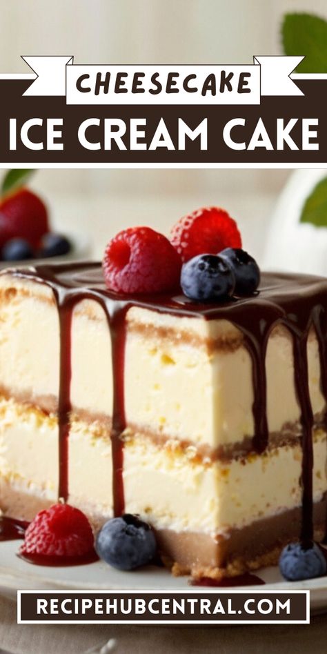 This Cheesecake Ice Cream Cake Recipe mixes two yummy desserts: cheesecake and ice cream. Ice Cream Desserts Ideas, Fruit Basket Cake Recipe, Cheesecake Ice Cream Cake, Sugar Cream Pie Recipe, Different Ice Cream Flavors, Ice Cream Dessert Recipe, Desserts Cheesecake, Crunch Cheesecake, Strawberry Ice Cream Cake