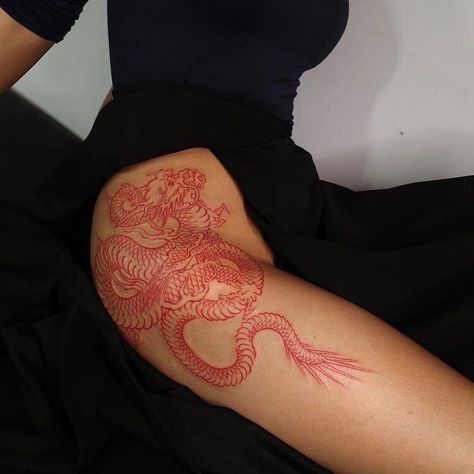 Dragon Tattoo Leg, Dragon Thigh Tattoo, Red Dragon Tattoo, Dragon Tattoo For Women, Hip Tattoos Women, Red Ink Tattoos, Dope Tattoos For Women, Red Tattoos, Dragon Tattoo Designs