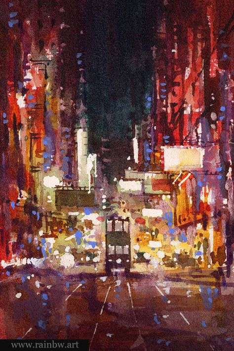 香港水彩畫 Watercolor painting by artist RAINB.W of the Causeway Bay area in Hong Kong. Depicting the streets at night and the bustling city aesthetic with glowing lights. More of her work can be seen at www.rainbw.art. Glow Art Painting, Hong Kong Watercolor, City At Night Painting, City Lights Painting, Hong Kong Painting, Hong Kong Aesthetic, Bay Painting, Art Coursework, Hong Kong Night