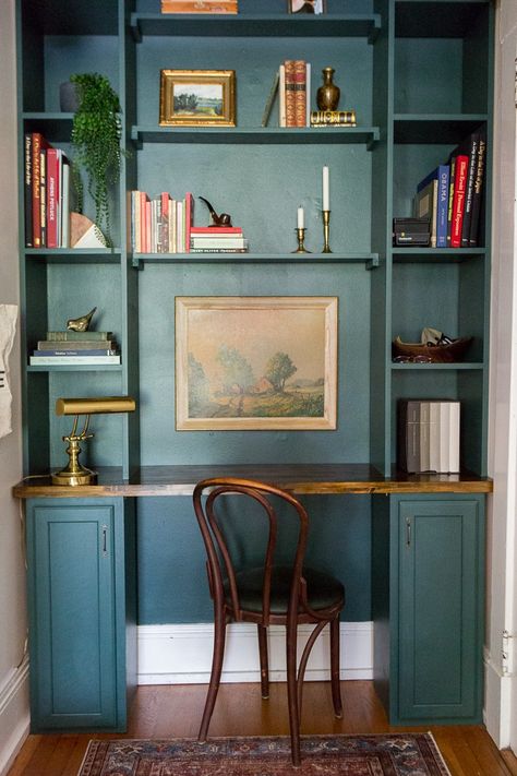 Apartment friendly built in shelves. Renter friendly! Turn entryway into office. Vintage art. Corner Shelf Ikea, Buy A Tiny House, Blue Painted Walls, White Mantel, Entryway Makeover, Ceiling Shelves, Budget Remodel, Office Vintage, Rental Kitchen