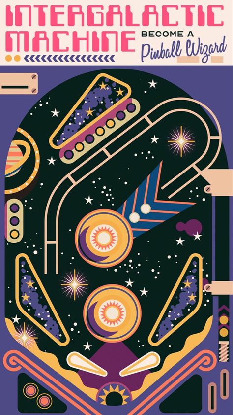 Pinball Art Design, Retro Arcade Design, Arcade Graphic Design, Arcade Illustration, Two Dots Game, Arcade Design, Arcade Games For Sale, Pinball Art, Cyberpunk Games