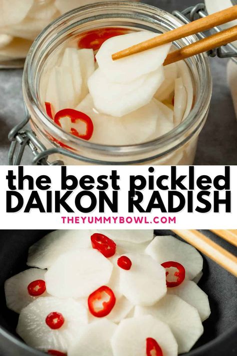 Pickle Radish Recipes, Diacon Radish Recipes, Wasabi Radish Recipe, Pickled Radish Recipe, Radish Pickle, Pickled White Radish Recipe, Pickled Radish, Dicon Radish Recipes, Korean Radish Recipes