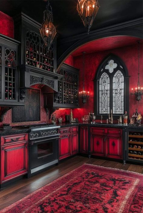 Black And Red House Interior Design, Gothic Kitchen Ideas, Red And Black Kitchen, Vampire House, Goth Houses, Goth Kitchen, Gothic Kitchen, Goth House, Red Goth