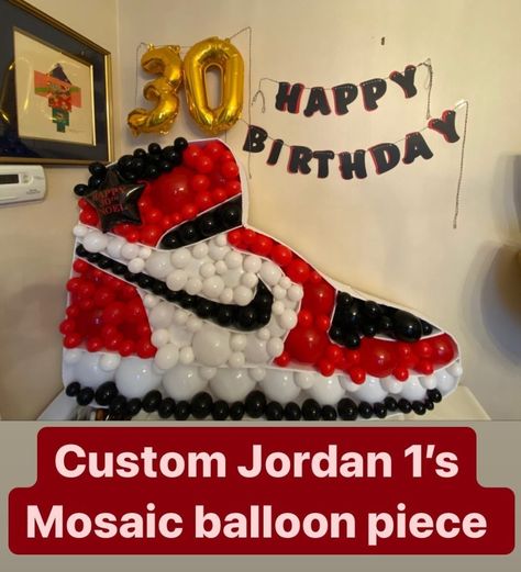 Nike balloon mosaic. Balloon decoration. Birthday balloons. Nike balloons. Airforce 1 balloon mosaic. Nike birthday. Nike Balloon Garland, Tennis Shoe Centerpiece Ideas, Sneakers Birthday Theme, Jordan Balloon Decor, Sneakerhead Birthday Party, Sneaker Ball Decorations For Kids, Sneaker Balloon Mosaic, Nike Baby Shower Theme Air Jordans, Sneaker Ball Party Decorations