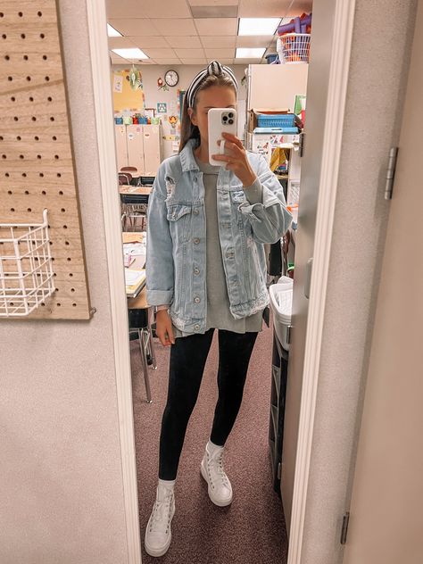 How To Style Jean Jacket Winter, Denim Jacket Over Dress Outfit, Jean Jacket Teacher Outfit, Over Sized Jean Jacket Outfits Fall, Teacher Outfits With Nike Sneakers, Teacher Aide Outfits Middle School, Headstart Teacher Outfits, Teacher Outfit With Leggings, Teacher Outfit No Jeans