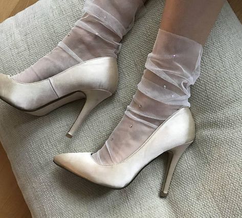 Tulle Socks And Heels, White Sheer Thigh High Socks, White Sheer Socks, Loafers Sheer Socks, Glitter Tulle Socks, Tulle Socks, Heels And Socks, Elegant Gloves, White Tights