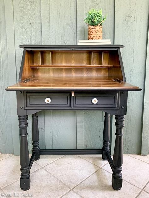 This small secretary desk makeover in classic black chalk paint is beautiful. It's a desk that will work in most styles of homes! When painting furniture to flip, going with a classic color can lead to faster sales. #painteddesk #secretarydesk Writers Desk Makeover, Small Desk Makeover, Repurposed Secretary Desk, Secretary Desk Makeover Ideas, Diy Small Desk, Small Secretary Desk, Styles Of Homes, Painted Secretary Desks, Secretary Desk Makeover