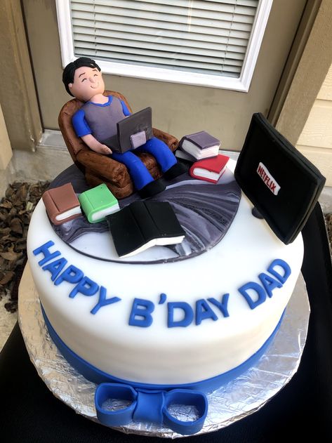 Fondant man sitting on the couch cake. All edible fondant. Bank Retirement Cake, Cake For Workaholic Husband, Workaholic Cake, Couch Cake, Fondant Man, Birthday Cake For Brother, Birthday Cake For Father, Cake Design For Men, Birthday Surprises