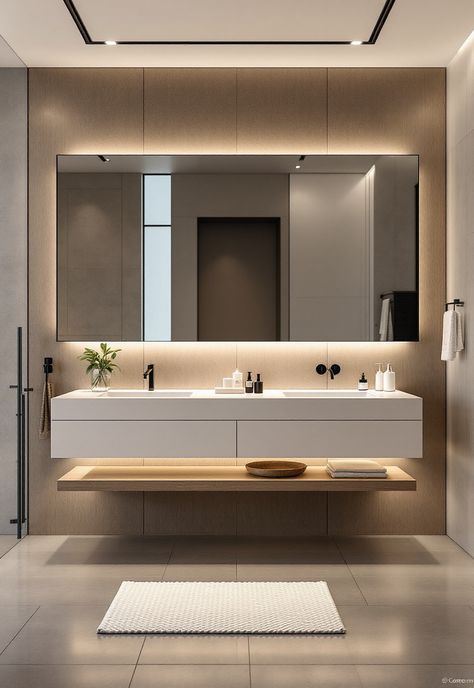 futuristic bathroom ideas Modern Light Blue Bathroom, Minimalist Bathroom Inspiration, Shower Ensuite, Modern Floating Vanity, Futuristic Bathroom, Light Blue Bathroom, Sandringham House, Minimalist Vanity, Integrated Lighting