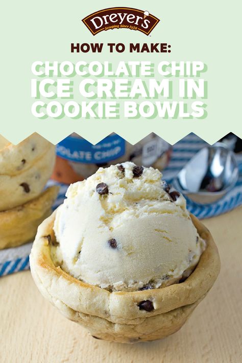 Make spring that much sweeter with this recipe for Chocolate Chip Ice Cream in Cookie Bowls. When you’re looking for a fun dessert to share with your kids, this combination of cookie dough and Dreyer’s Slow Churned chocolate chip light ice cream is sure to do the trick! Ice Cream Without Heavy Cream, Ice Cream Chocolate Chip, Chocolate Chip Cookie Bowls, Frozen Treats Recipes, Cookie Bowls, Ice Cream Chocolate, Fun Dessert, Chocolate Chip Ice Cream, Chocolate Chip Recipes