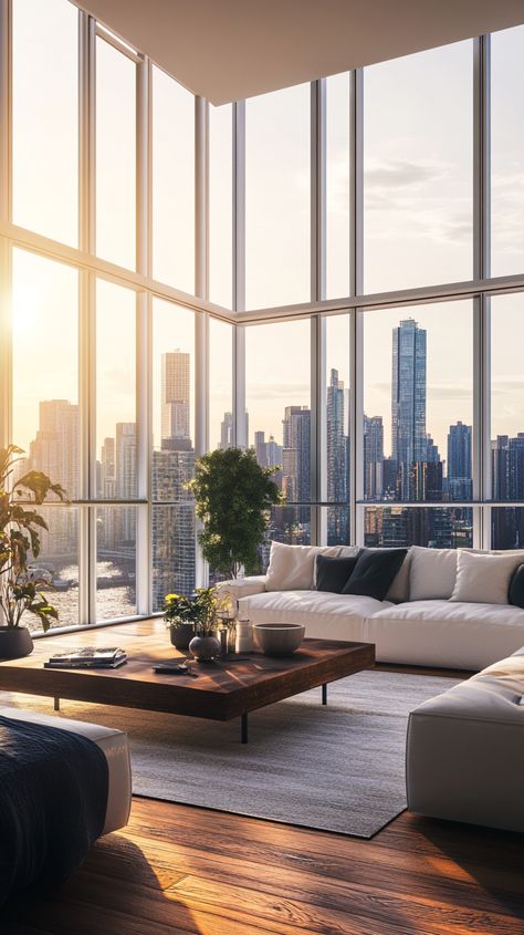 View the modern high-rise apartment with panoramic skyline vistas from floor-to-ceiling windows. Floor To Ceiling Windows Apartment, Apartment Manifestation, Window Views, Condo Living Room, High Rise Apartments, Penthouse Apartment, Skyline View, Condo Living, Window View