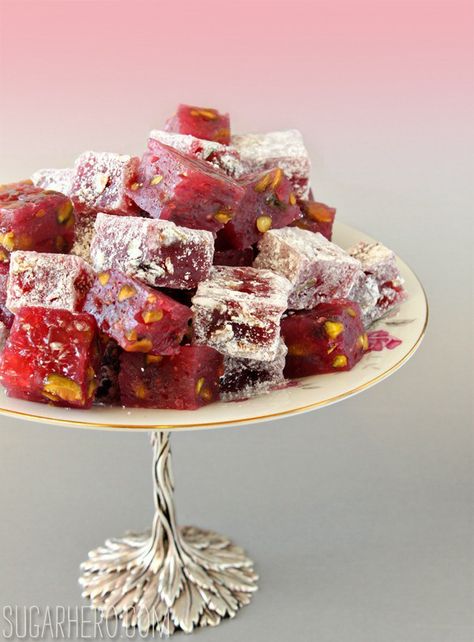 Raspberry-Pistachio Turkish Delight | SugarHero.com Fudge Caramel, Raspberry Pistachio, Turkish Sweets, حلويات عربية, Turkish Food, Awesome Recipes, Homemade Candies, Candy Table, Turkish Delight