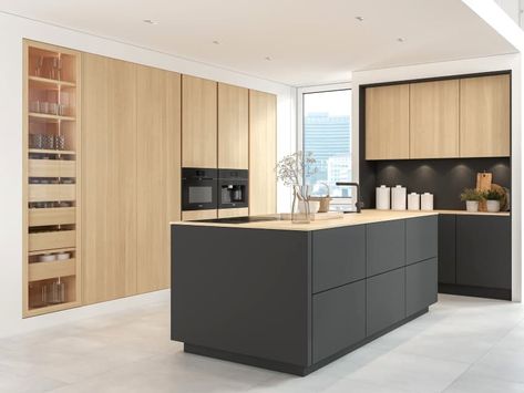 Modern Wood Kitchen Cabinets (Ideas & Options) - Designing Idea Kitchen Low Ceiling, Wall Kitchen With Island, Low Ceiling Design, Single Wall Kitchen With Island, Japandi Kitchen Ideas, Low Ceiling Chandelier, Single Wall Kitchen, Kitchen Spotlights, Modern Wood Kitchen