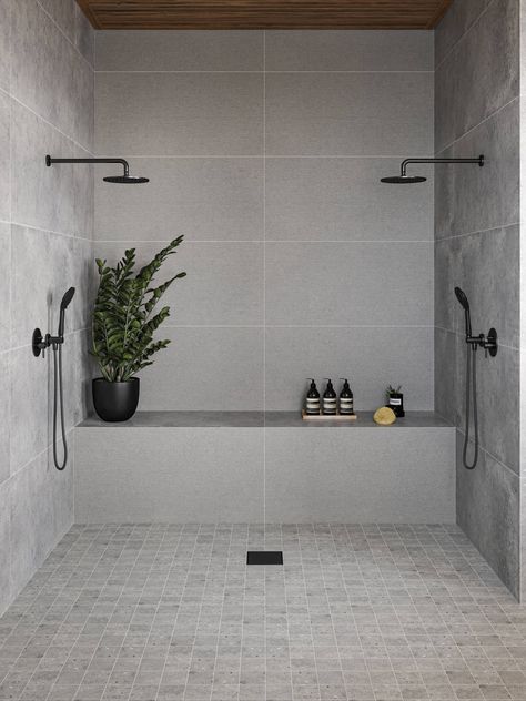 Bathroom Scandinavian Style, Natural Stone Tile Bathroom, Stone Tile Bathroom, Gray Shower Tile, Concrete Shower, Grey Stone Wall, Porcelain Tile Bathroom, Bedrosians Tile, Bathroom With Tub