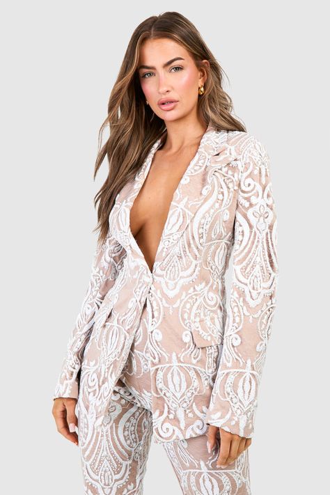 Premium Lace Sequin Blazer Sequence Blazer Outfits, Burgundy Outfit, Blazer White, Sequin Blazer, Royal Court, Blazer Outfit, Women's Blazers, Flared Trousers, Shower Dresses