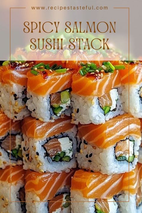 A flavorful and satisfying sushi stack that's perfect for a quick and easy meal. Salmon Sushi Stack, Sushi Stacks Recipe, Sushi Stack, Sushi Stacks, Spicy Salmon Sushi, Sushi Bake, Salmon Soy Sauce, Marinated Salmon, Colorful Dishes