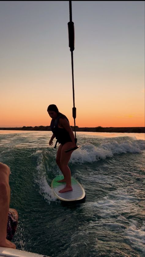 wakeboarding during the sunset always hits different #river #wakeboarding Wake Boarding Aesthetic, River Trip Pictures, Wake Boat Aesthetic, River Aesthetic, Wake Boarding, Wakeboarding Aesthetic, Wake Board, Aesthetic Wakeboarding, Wake Board Boat