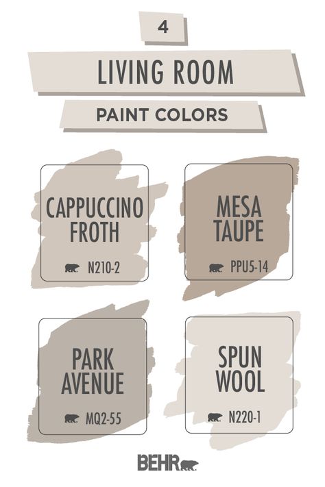 Searching for some classic interior design inspiration for your next DIY home makeover project? Start with this living room paint color palette. Full of traditional shades of beige like BEHR® Paint in Cappuccino Froth, Mesa Taupe, Park Avenue, and Spun wool, it’s sure to inspire. Click below to learn more. Living Room Paint Colors, Farmhouse Paint, Behr Paint, Dekor Diy, Paint Color Palettes, Classic Interior Design, Room Paint Colors, Interior Paint Colors, Paint Colors For Living Room