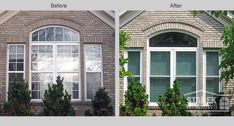 Before and After Window Project in Cleveland with new double-hung and custom shape windows. Cottage Bath, Vinyl Replacement Windows, Solar Screens, Shaped Windows, Custom Window Coverings, Vinyl Windows, Sale Windows, Window Projects, Replacement Windows