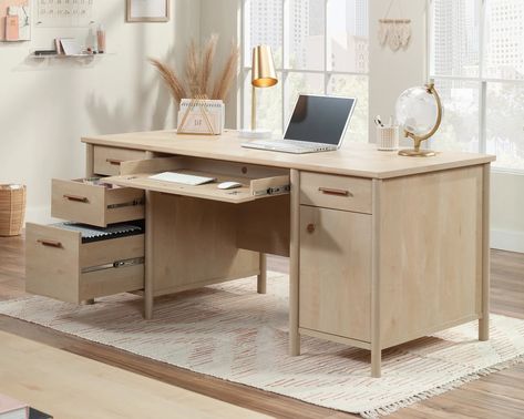 Sauder 65.984'' Desk | Wayfair Computer Desk With Storage Cabinets, Ikea Malm Desk With Pull Out Panel, Flexispot Desk Maple, Computer Desk With Drawers, Computer Desk With Storage, Find Motivation, Desk With Storage, Pedestal Desk, Desk Essentials