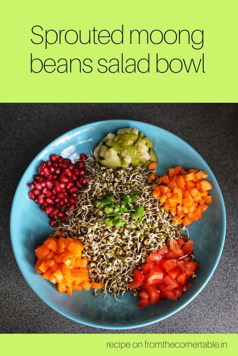 A healthy and super quick salad made with sprouted mung beans teamed with any and all vegetables and fruits in your refrigerator ... #vegan #vegetarian #salad #sprouts #mung #moong #moongbean #mungbean #sproutsalad #healthysprouts #fruitsalad #vegetablesalad #greenfood #greensalad #recipe #saladrecipe #fromthecornertable #traveltuckintalk Mung Bean Salad, Sprouts Salad Indian, Moong Salad Sprouts, Mung Bean Sprouts Recipes, How To Cook Mung Beans, Salad Bowl Recipes, Quick Salads, Fresh Fruit Juice, Sprouts Salad