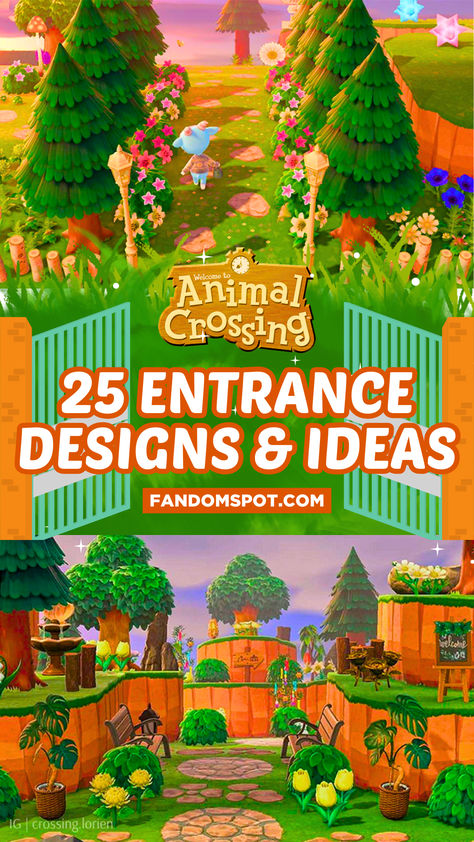 Not sure what to do with your island's entryway? Well this inspo gallery offers a bunch of customized ideas for any kind of entrance design! Find designs with statues, waterfalls, trees, flowers, and even custom path patterns. Animal Crossing Resident Home Ideas, Acnh Plaza Merry Go Round, Fence Ideas Animal Crossing, Entrance Design Animal Crossing, Acne Custom Paths, Animal Crossing Entrance Ideas Forest, Acnh Island Planner, Ione Yard Guide Acnh, Front Yard Animal Crossing Ideas