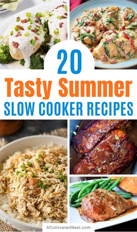 20 Delicious Summer Slow Cooker Recipes- All of these summer slow cooker recipes are so delicious, and can be made without heating up your house! They're all wonderful summer dinner options! | chicken recipes, dinner ideas, #recipes #slowCooker #crockPot #dinner #ACultivatedNest Slow Cooker Summer Recipes, Summer Slow Cooker, Summer Crockpot, Summer Slow Cooker Recipes, Summer Crockpot Recipes, Slow Cooker Lasagna, Cheap Meal, Easy Summer Dinners, Slow Cooker Bbq