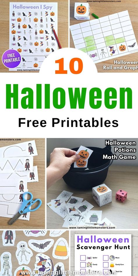 10 Halloween Free Printables for Kids. Free printable games, activities and craft templates for toddlers, preschoolers and kindergarten. #halloween #freeprintable #toddler #preschool #kindergarten Cognitive Halloween Activities, Preschool Halloween Party Crafts, Halloween Themed Activities Preschool, Halloween Prek Activities Free, Halloween Themed Preschool Activities, Halloween Patterns Preschool, Free Pdf Halloween Printables, Preschool Halloween Crafts Free Printable, Halloween Free Printables Templates