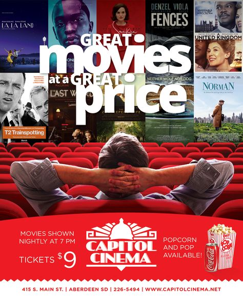 Advertisement for Capitol Cinema placed in Aberdeen Magazine. Designed by McQuillen Creative Group. Cinema Ads Design, Film Banner Design, Netflix Advertising, Netflix Ads, Shoe Catalogue, Cinema Advertising, Home Movie Theater Room, Movie Theater Rooms, Cinema Design