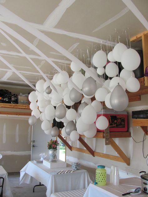 Hiding the Ugly at Your Wedding on Pinterest | Backdrops, Ceremony ... Garage Party Decorations, Thanksgiving Decorations Outdoor, Garage Party, High School Graduation Party, Balloon Wall, White Balloons, Outdoor Party, Grad Parties, New Years Party