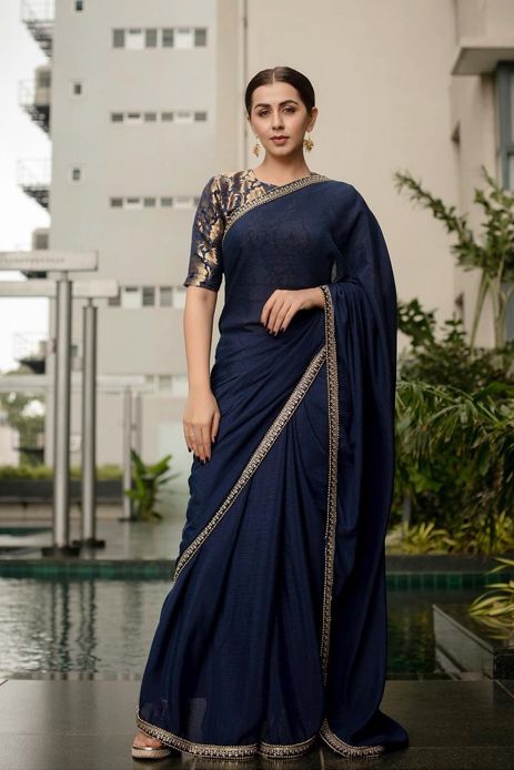 Nikki Galrani's festive look in Navy Blue saree is perfect for your best friend's engagement Navy Blue Saree, Saree Wearing Styles, Sarees For Girls, Simple Saree Designs, Fashionable Saree Blouse Designs, Indian Saree Blouses Designs, Simple Sarees, Saree Blouse Patterns, Indian Fashion Saree