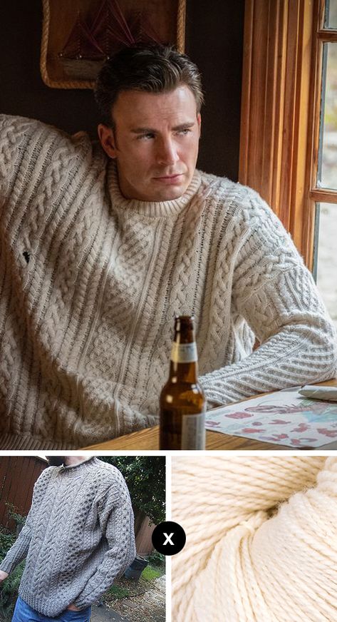 Knit the Look: the "Knives Out" fisherman sweater Men’s Pullover Knitting Pattern, Mens Knit Pullover Sweater Patterns, Men Pullover Knitting Pattern, Knitting Sweater Men, Movie Knitting Patterns, Cable Knit Jumper Pattern Free, Mens Cardigan Sweater Knitting Pattern, Men’s Wool Sweater, Men’s Knit Pattern