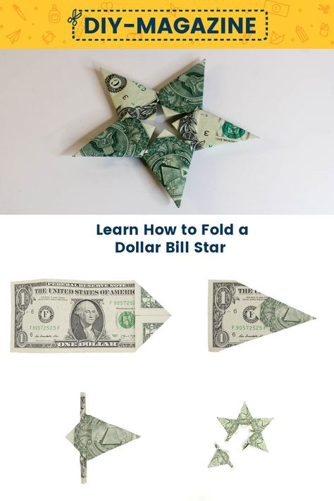 How to Make a 5 pointed Star out of Dollar Bills Money Star Origami, Paper Star Ideas, Origami Dollar Bill Easy, How To Fold Dollar Bills Into Shapes, Dollar Bill Origami Easy Step By Step, Origami With Money, Dollar Oragami, Dollar Folding, Make Paper Stars