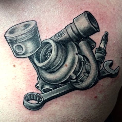 Mechanic tattoo... Diesel Mechanic Tattoo, Car Mechanic Tattoo, Diesel Mechanics Tattoo, Mechanic Tattoo Ideas, Wrench Tattoo, Piston Tattoo, Hot Rod Tattoo, Engine Tattoo, Tool Tattoo