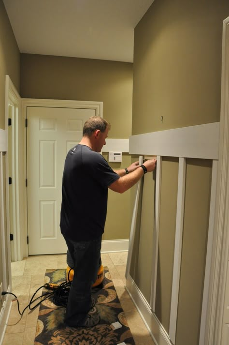 creating board and batten look Wall Additions, Batten Board, Entryway Stairs, Batten Wall, Kitchen Peninsula, Board And Batten Wall, Flat Paint, Board And Batten, Wainscoting