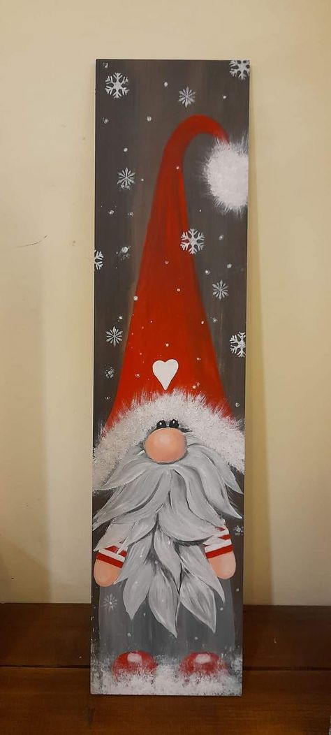 Gnome Wood Crafts, Wood Gnomes Crafts, Christmas Wood Art Painted, Pallet Gnomes, Christmas Nomes Paintings, Christmas Welcome Boards, Wood Plank Painting Ideas, Wood Painting Christmas, Christmas Porch Leaners Diy