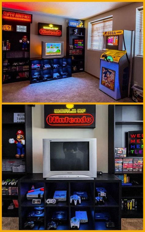 Game Room Console Storage, Retro Video Game Room Ideas, Video Game Corner Ideas, Retro Video Game Display, N64 Game Storage, Retro Game Setup, Classic Game Room, Retro Game Bedroom, Vintage Video Game Room