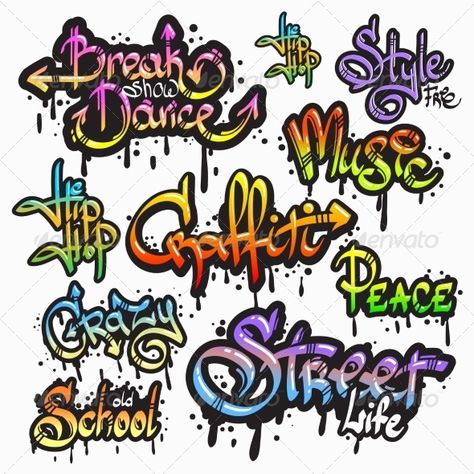 Expressive collection of graffiti urban youth art individual words digital spray paint creator grunge isolated vector illustration Graphitti Letters, Fonts Graffiti, Writing Graffiti, Cool Fonts Alphabet, Letters Graffiti, Alphabet Graffiti, Letters Fonts, Tattoo Graffiti, Graffiti Art Letters