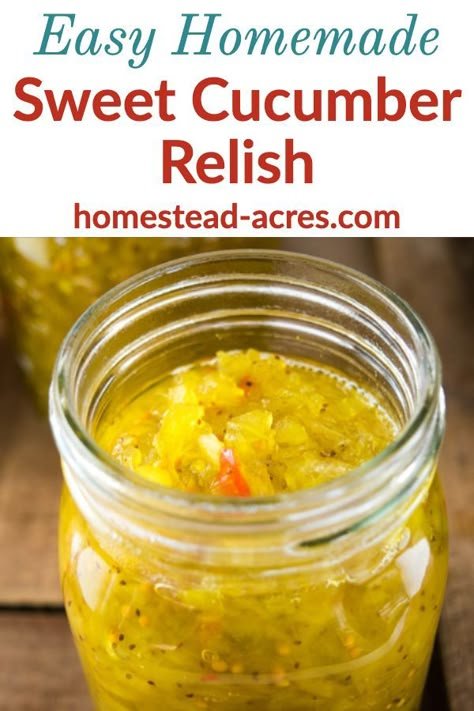 Homemade Sweet Cucumber Relish - Learn how to make this yummy homemade pickle relish it’s so easy! This step by step recipe will help you make a tasty sweet relish that your family will love to eat on hotdogs, hamburgers and more. #canning #relish #recipes #homesteadacres Canning Recipes Cucumber, Yellow Cucumber Relish, Recipes For Canning Cucumbers, Sweet Cucumber Relish Recipe Canning, Easy Cucumber Relish, Cucumber Ideas For Canning, Cucumber Sweet Relish, Best Relish Recipe, Cucumbers Canning Recipes