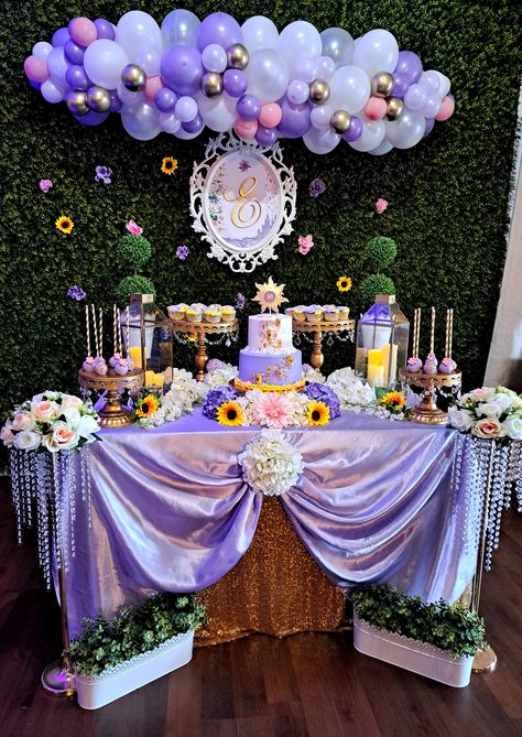 Rapunzel Birthday Party Sweet 16, Tangled Inspired Sweet 16, Tangled Candy Table, Tangled Theme Quinceanera Decorations, Tangled Sweet 16 Cake, Tangled Dessert Table, Disney Sweet 16 Ideas Themed Parties, Repunzal Themed Sweet 16, Sweet Sixteen Tangled Theme