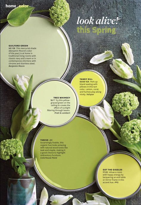 Better Homes and Garden magazine’s  April color palette is so pretty and inspiring for Spring!  |  yellows and greens  #bhgcolor | bhg Better Homes And Gardens Magazine, Benjamin Moore Colors, Better Homes And Garden, Interior Paint Colors, Paint Colors For Home, Green Paint, White Paint, Newport Beach, Colour Schemes