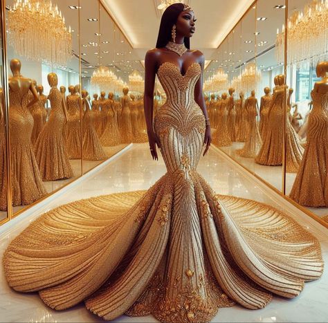 Gold Royal Dress, Ghanaian Dresses, Gold Wedding Dress Mermaid, Extravagant Wedding Dress, Gold Gown Dress, Golden Wedding Dress, Wedding Area, Goddess Wedding, Fall Romance