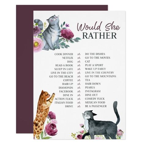 Would She Rather Game, Bridal Shower Decorations Rustic, Would She Rather, Wedding Shower Themes, Cat Wedding, Wedding Shower Games, Cat Reading, Bachelorette Party Themes, Bridal Shower Game